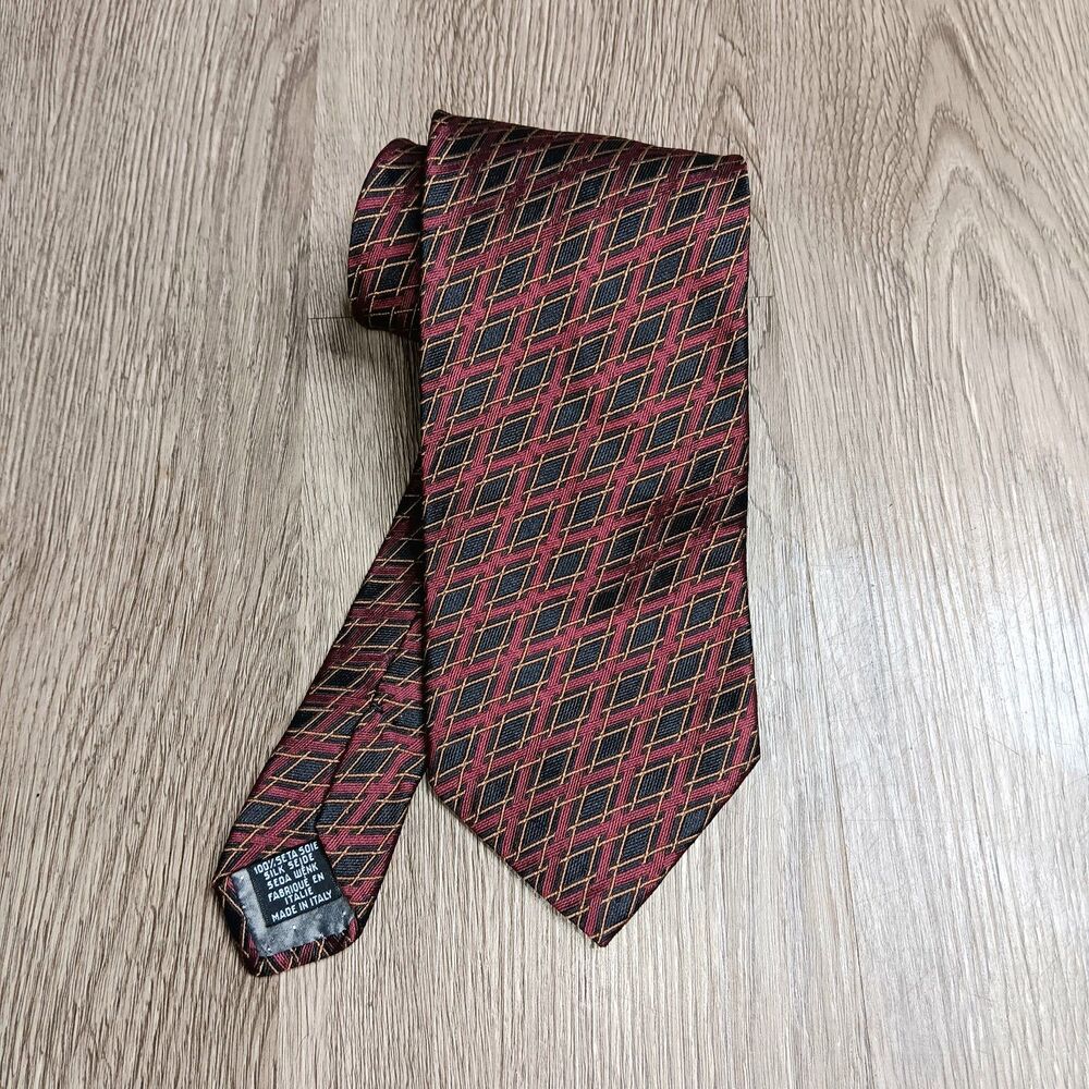 Vintage GIANFRANCO FERRE Men's Silk Tie Burgundy Black Gold Geometric Designer